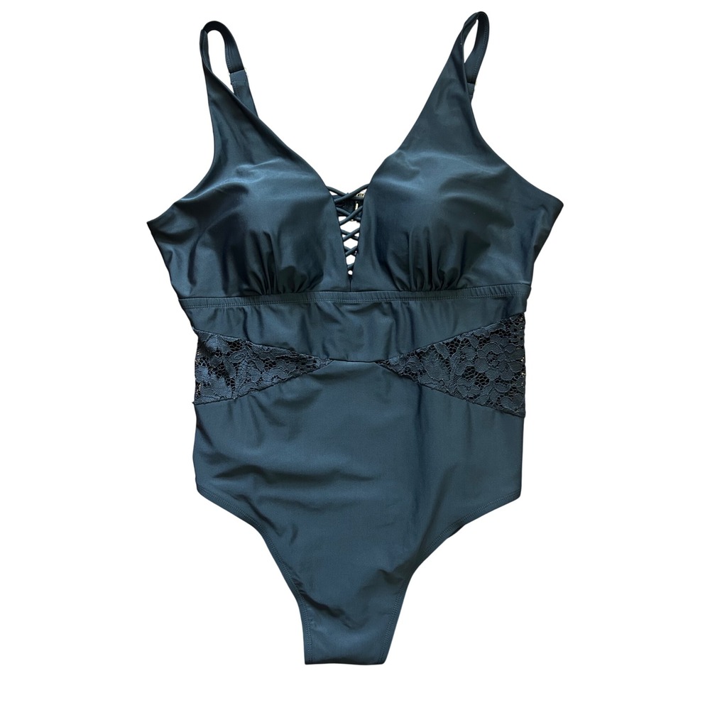 Terra & Sky Black One Piece Swimsuit Women 2X Lace Up V-Neck Underwire Support
